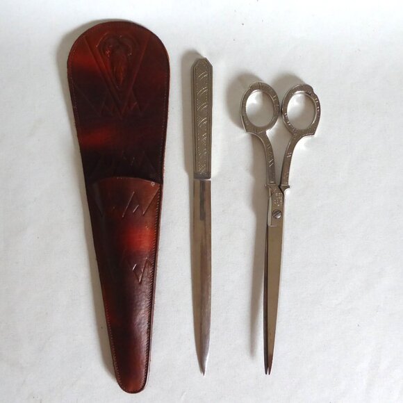 VINTAGE THREE PIECE SCISSOR AND LETTER OPENER LEATHER CASE  VINTAGE JUSTIN LEATHER SHEATH CLAUSS 3 PIECE SCISSORS & LETTER OPENER SET